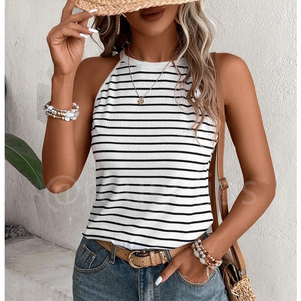 Halter Tank Top White with Black Stripes Stretchy - Picture 8 of 14